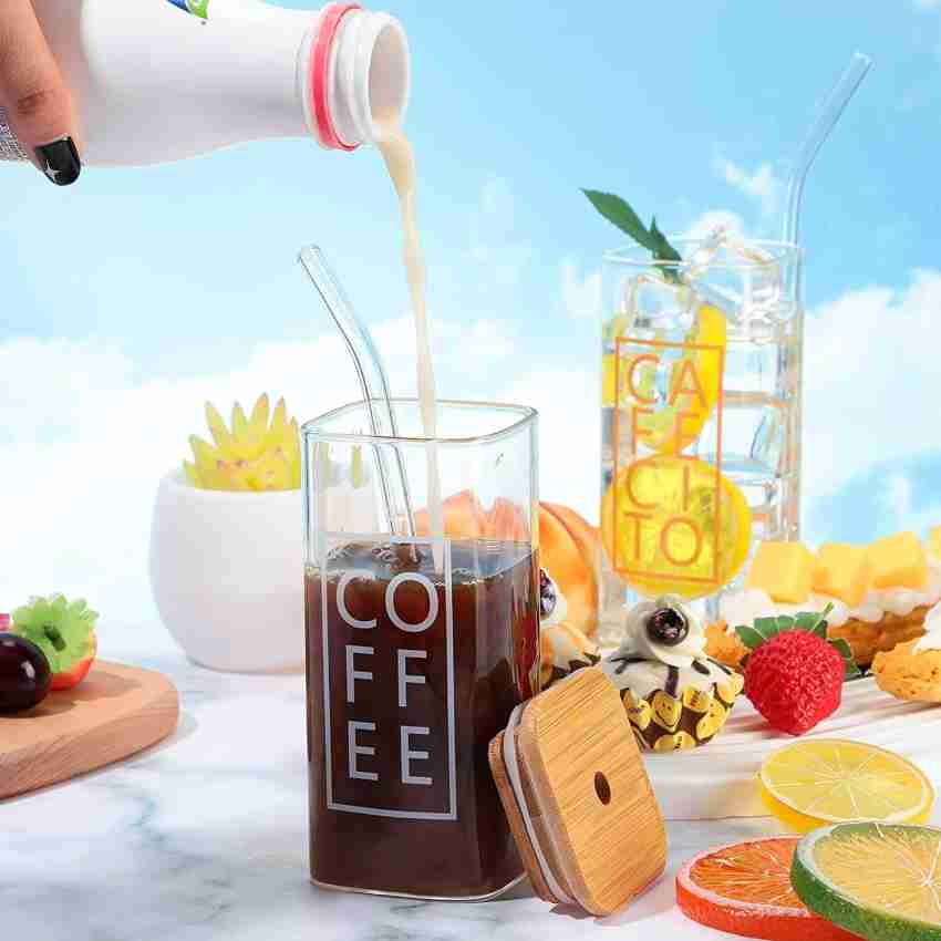 Couple Gift Coffee Sipper Glass With Wooden Lid And Straw Set