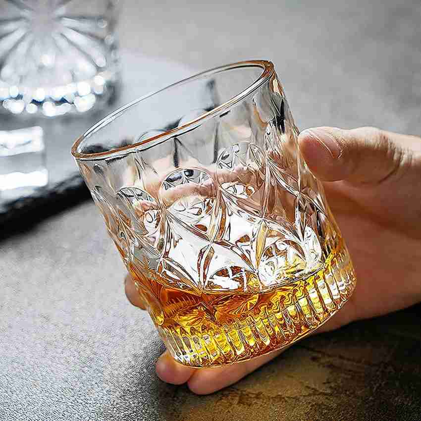 VLKMK (Pack of 4) Fashioned Whiskey Glass - Heavy Base Rocks Barware Glasses  for Scotch, Mixed Drinks, Wine, Bourbon, Juice, Water and Cocktail Drinks  350 Ml Pack of 4 Glass Set Whisky