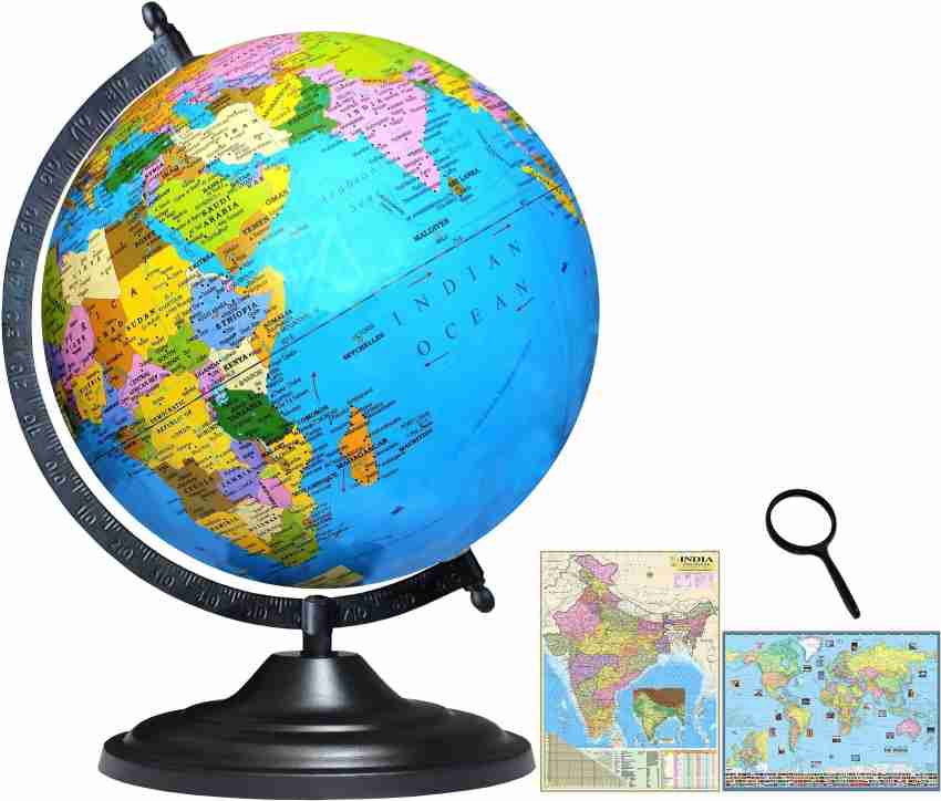 Savy 10 Inch=25.40 cm Globe with Magnifier 50 mm India & World Maps, Black  Arc Base, Multicolor Map Blue Ocean for Kids School Home Office Table  Rotating Laminated Political Geography Study World