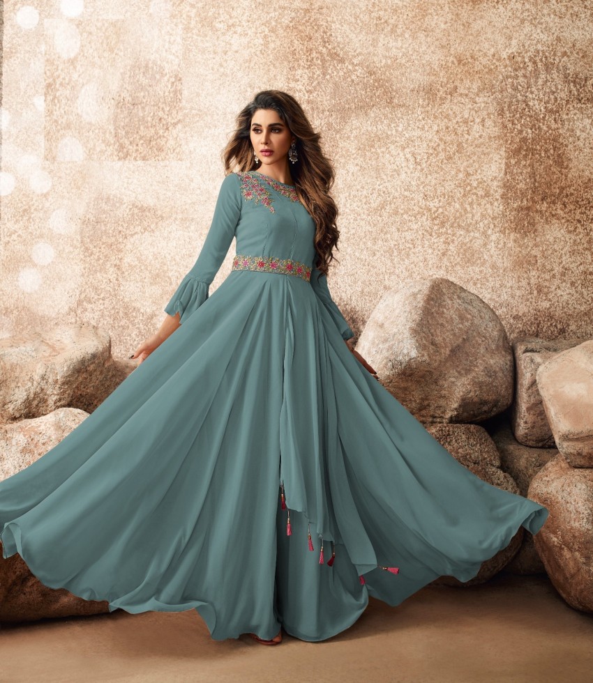 Buy Jade By Ashima Peach Crepe Silk Pre-stitched Saree Gown With Cape  Online | Aza Fashions