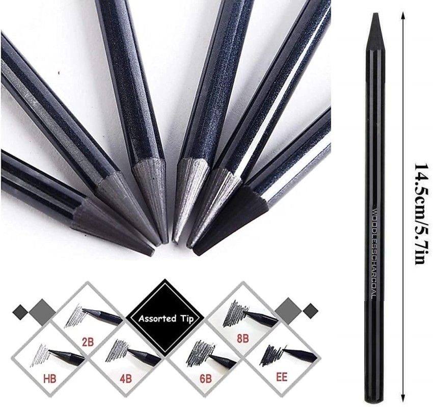 ChiggiWiggi 3 White Charcoal Pencil,6 Compressed Charcoal  Stick & 3 Woodless Charcoal Pencil - Sketching Set