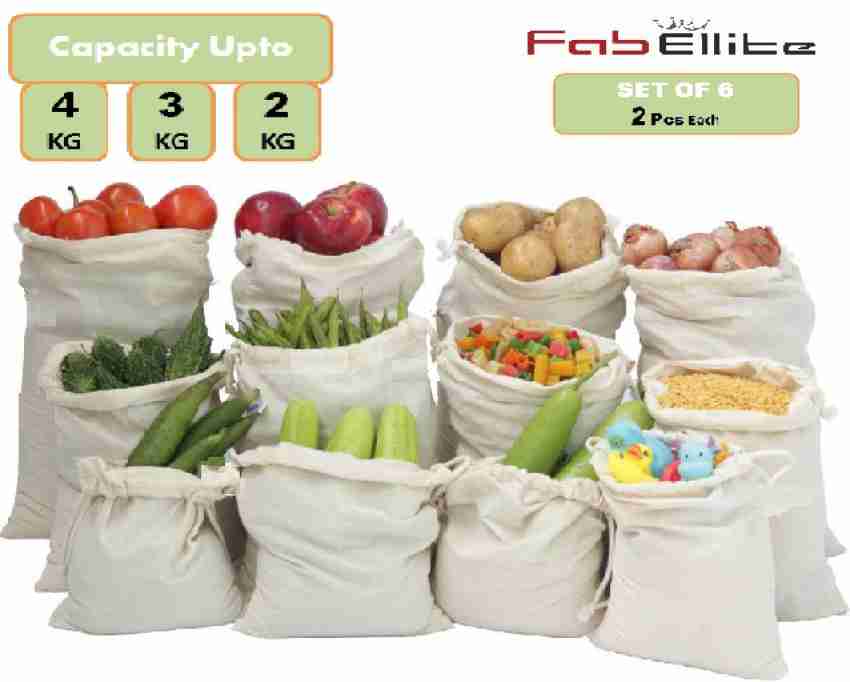 FAB ELLITE Cotton Grocery Vegetable Reusable Bag fruit Storage Pouch for Fridge Washable Pack of 6 Grocery Bags