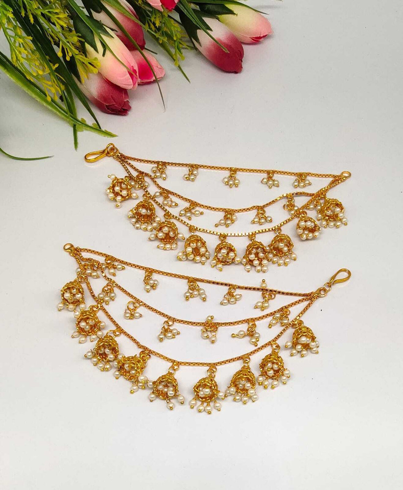 Saanjh 22K Carat Gold Plated Kaan Chain 3 Layered Jhumki Ear Chain Hair Chain Price in India Buy Saanjh 22K Carat Gold Plated Kaan Chain 3 Layered Jhumki Ear Chain Hair