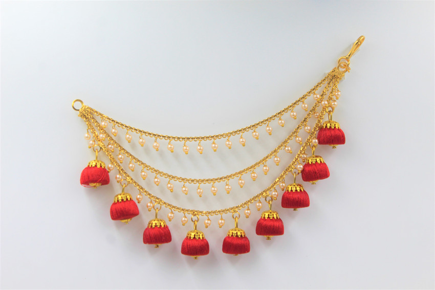 Saanjh 22k Gold Plated Kaan Chain with Red Jhumka Hair Chain Price