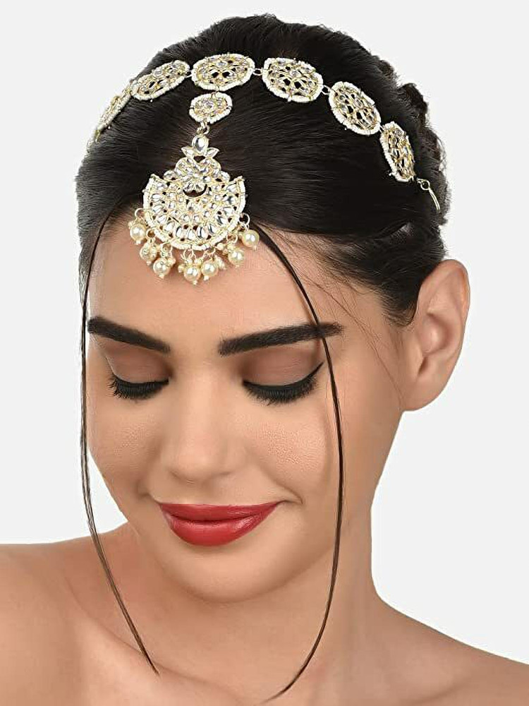 PRV Gold Tone Bridal Kundan Pearls Mathapatti Style Maangtikka