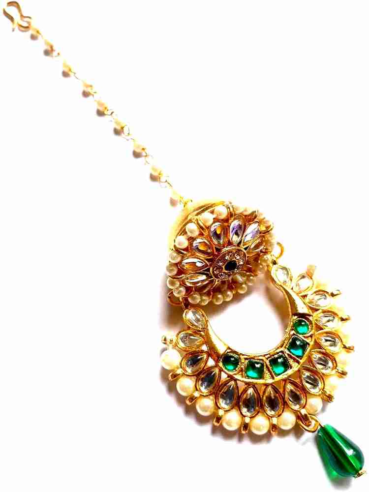 NIKYANKA rajputi jewellery golden green kundan maang tikka borla Hair Chain Price in India Buy NIKYANKA rajputi jewellery golden green kundan maang tikka borla Hair Chain online at Flipkart