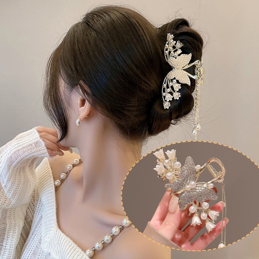 SANNIDHI® Hair Clips for Women Stylish Pearl Butterfly Tassel Hair Clip for  Girls Hair Clutcher,Metal Trendy Hair Accessories,1 Pack : : Beauty