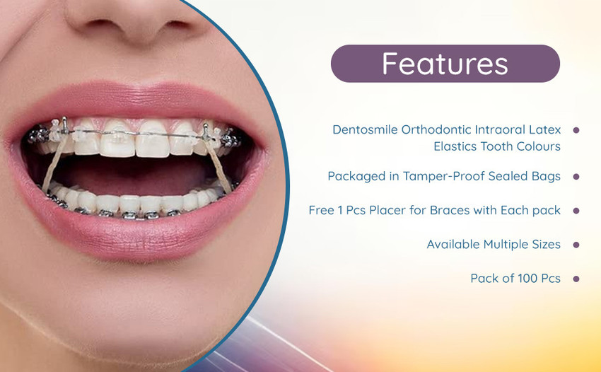 Dentosmile Orthodontic Intraoral Latex Elastics Dental elastics band for teeth gap Tooth Colours Size 3 16 3.5Oz Pack of 100 Pcs 1 Pcs Placer with Each Pack Yellow