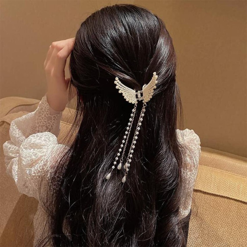 Dazzle Pearl Tassel Butterfly Style Hair Claw Clip Metal Clutcher Claw  Clamps Korean Style Wedding Hair Accessories For Girls And Woman (Pack of 1)