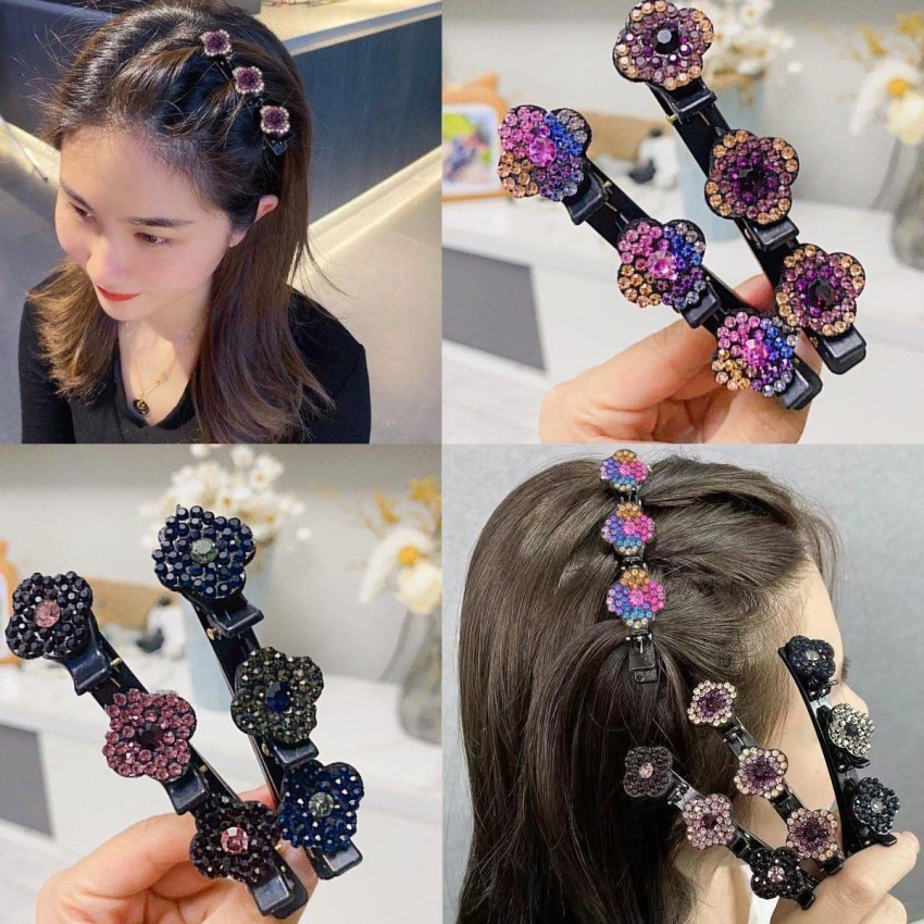 4pcs Sparkling Crystal Stone Braided Hair Clips, Three Flower Side