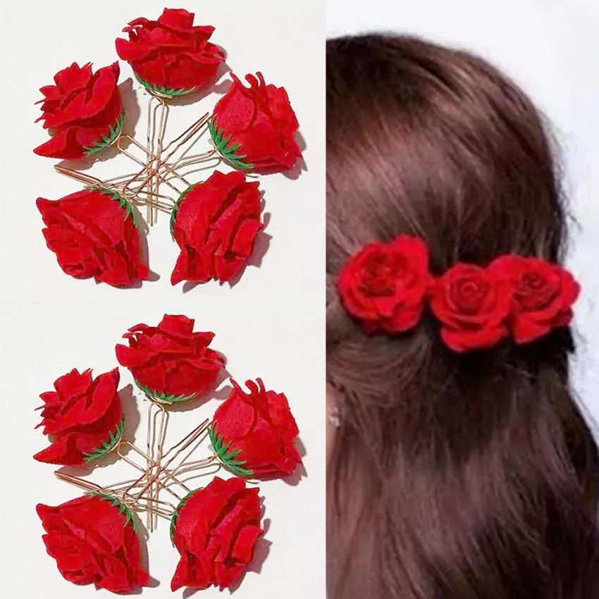 Flower Juda Hair Pins in White Pearls for Hair Styling - 12 Pieces Red