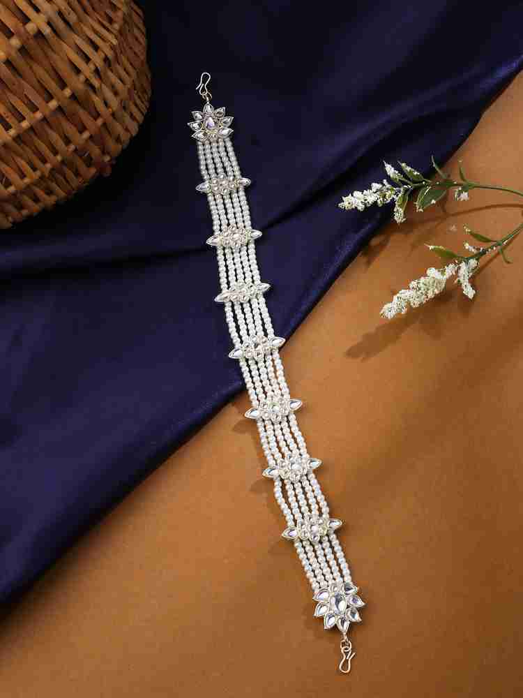 Viraasi White Beaded Gold Plated Kundan Matha Patti for Women Hair