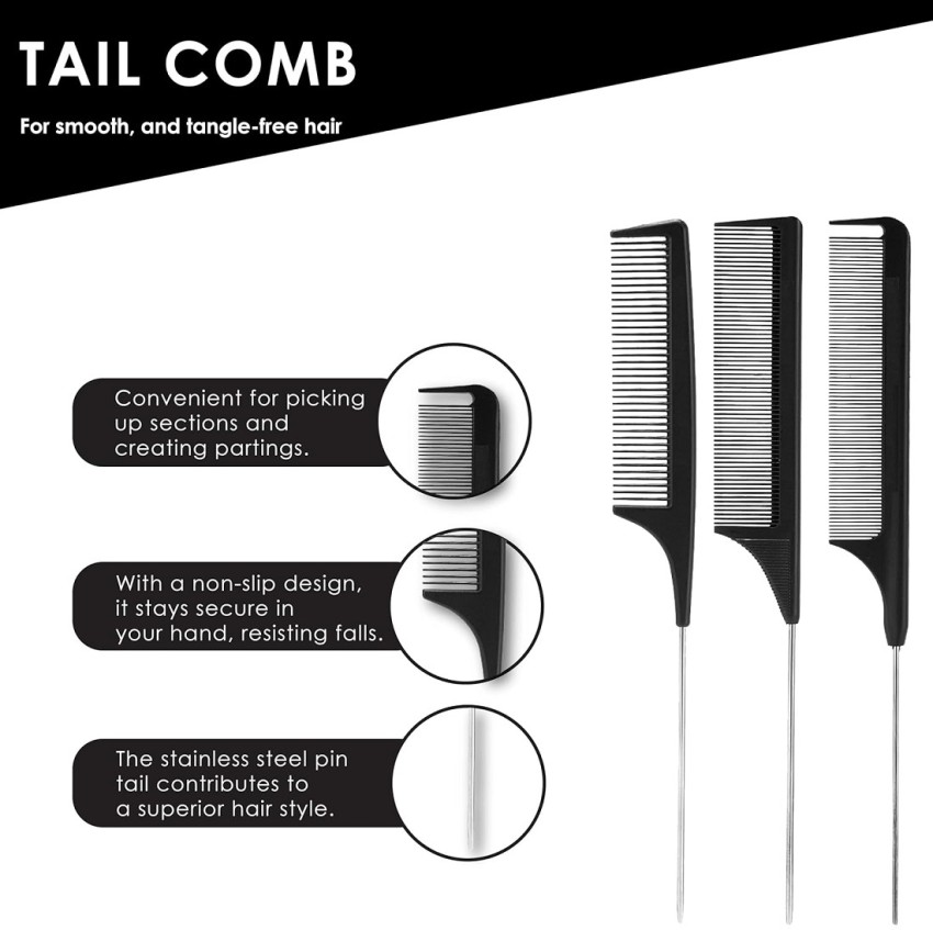 Rat Tail Comb Parting Combs for Braiding Hair Carbon Styling Comb Steel Pin  Carbon Fiber Heat Resistant Teasing Combs Barber Combs with 3 Pieces  Plastic Styling Hair Clips for Hair Stylist (Black)
