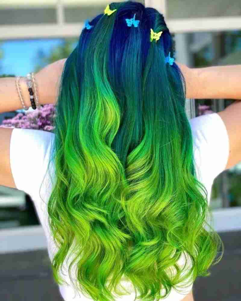 Blue green and yellow wig store