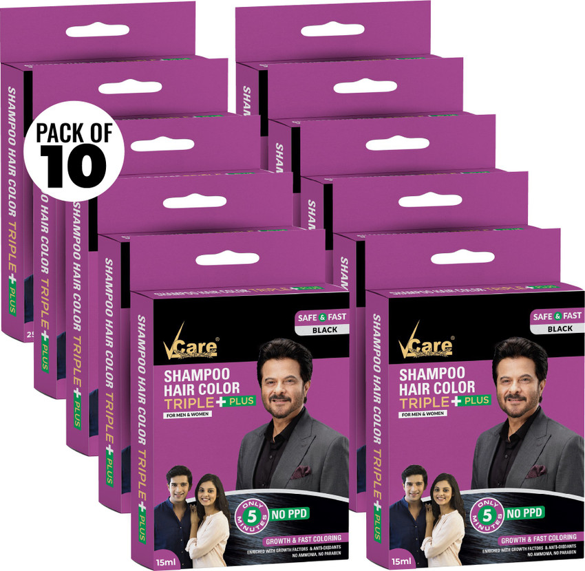 Vcare Shampoo Hair Color for Men Women 15ml Instant hair color in mins Pack of 10 Black
