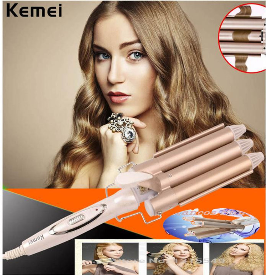 Kemei Hair Crimper 3 Barrel Curling Iron Wand Dual Voltage
