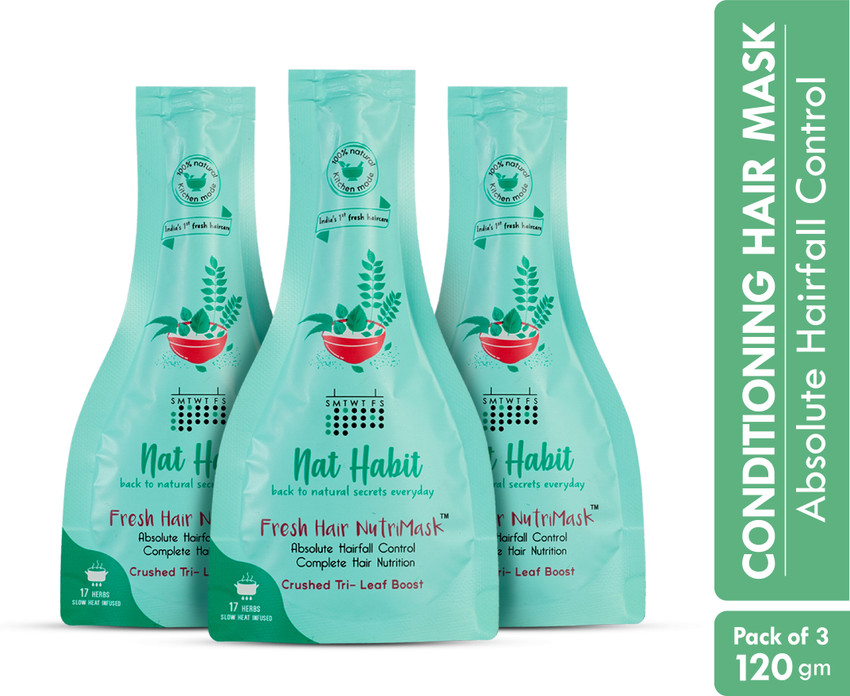 Nat Habit Tri Leaf FRESH Hair Mask NutriMask Hairfall Control Hair Smoothening Dry Frizzy Hair Treatment Ayurvedic Herbal 17 Herbs Heat Soaked Neem Hibiscus Curry Castor Coconut