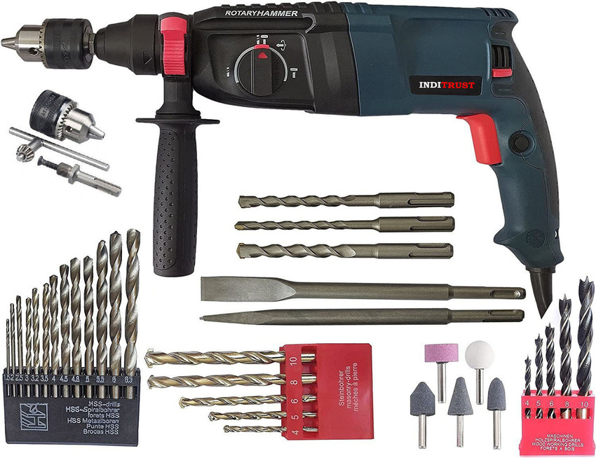 Inditrust 6 Months warranty 100 BLUE 26mm Electric with 5pc bit and drill chuck Adaptor 13pc HSS 5pc Masonry 5pc Wood Stone BLUE Rotary Hammer Drill Price in India Buy