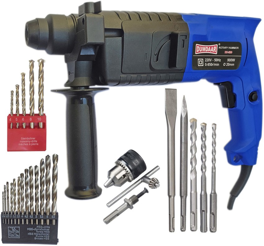 DUMDAAR 6-Month Warranty Heavy duty 20mm Electric Hammer Machine 650W with  3pc Hammer bit 2pc Chisel 13mm Drill chuck +Adapter 13pc HSS and 5pc  Masonry drill bit set (Pack of 10pc) Rotary