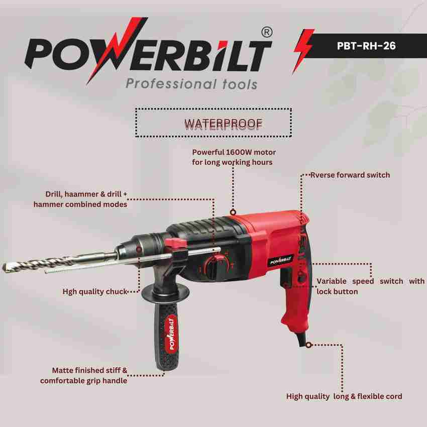 PowerBilt PBT RH 26 Corded Electric Drill Machine 3 modes For Concrete Steel Wood Rotary Hammer Drill Price in India Buy PowerBilt PBT RH 26 Corded Electric Drill Machine 3 modes For Concrete Steel