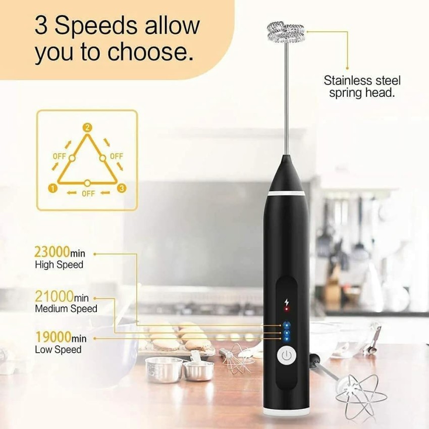 Rechargeable Milk Frother for Coffee with Stand, Handheld Drink Mixer with  3 Hea