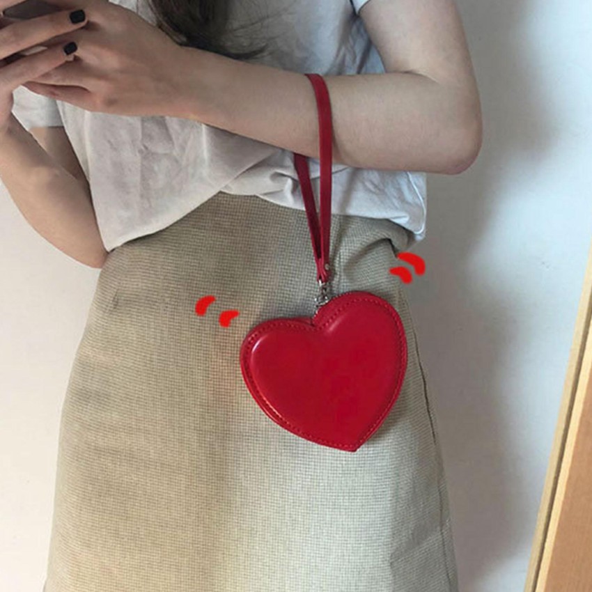 Cute Small Heart Shaped Purse with Hand Strap PU Leather Clutch