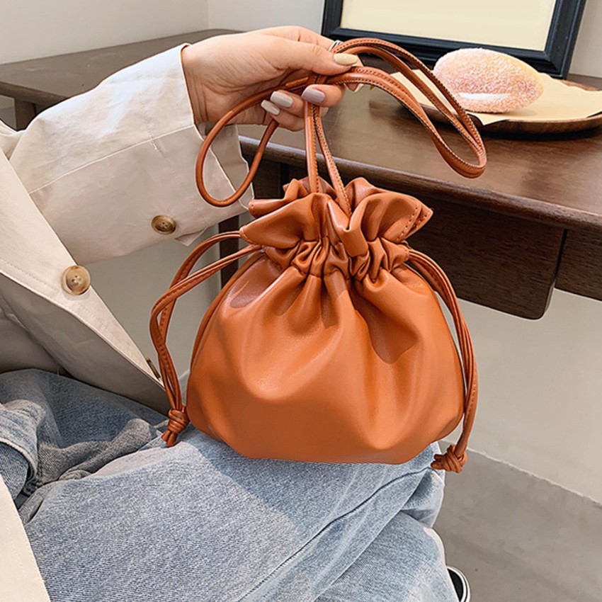 Lyla Drawstring Pouch Bucket Bags PU Leather for Cosmetic  Accessories Travel Brown Multipurpose Bag - Multipurpose Bag