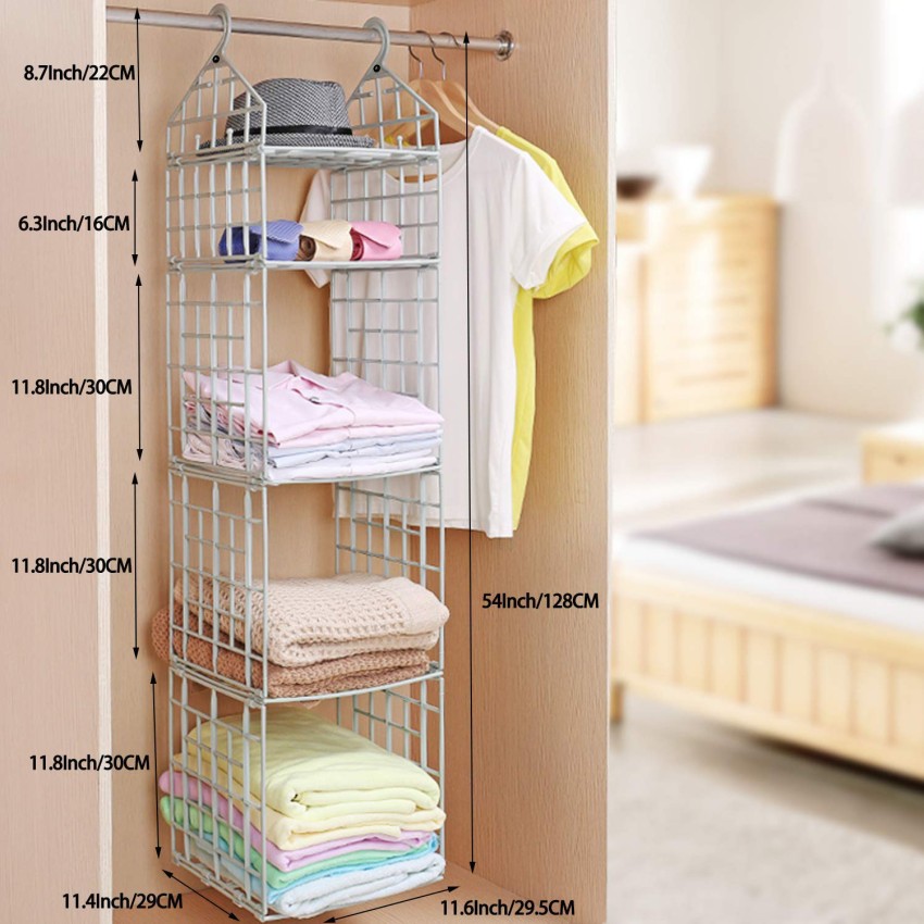 5 Tier Closet Hanging Organizer, Clothes Hanging Shelves with 4 Hanging  Hooks 5 S Hooks, Wire Storage Basket Bins, for Clothing Sweaters Shoes