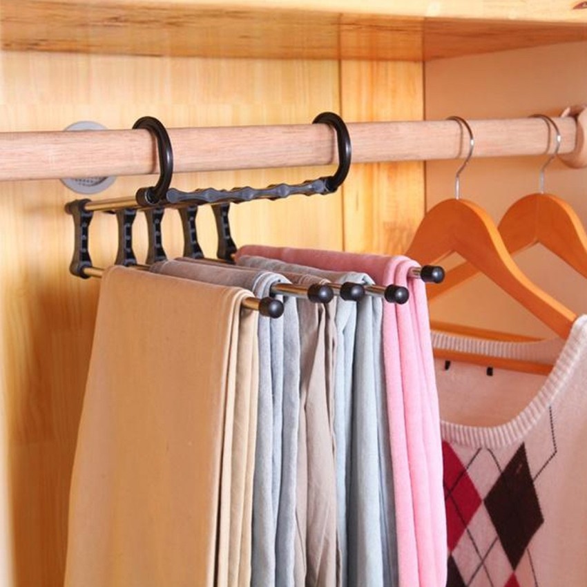 Magic Pants Hangers, Space Saving Closet Hangers 5 Layers 2 Uses Multi  Functional Pants Rack, Solid Metal & Wood Heavy Duty Wardrobe Organizer  Racks for Clothes Trousers Scarves Ties(One Pack)