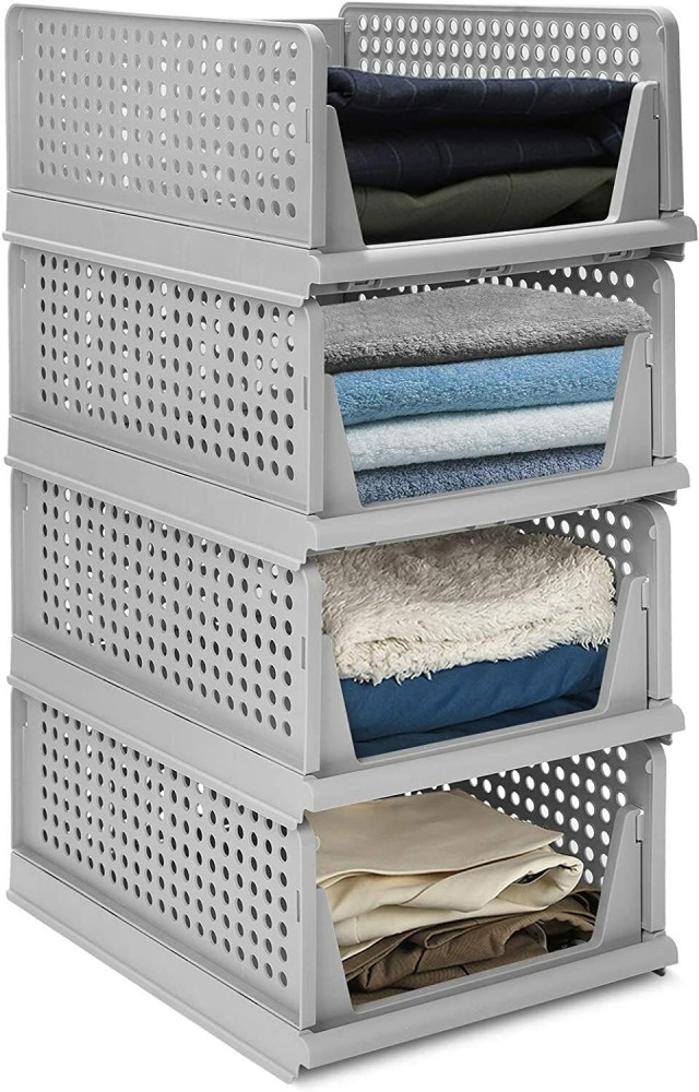 XMSound Pack of 4 Stackable Wardrobe Storage Box, Plastic Drawer Organizer, Foldable Basket Organizer, Folding Containers Bins Cubes, Perfect for