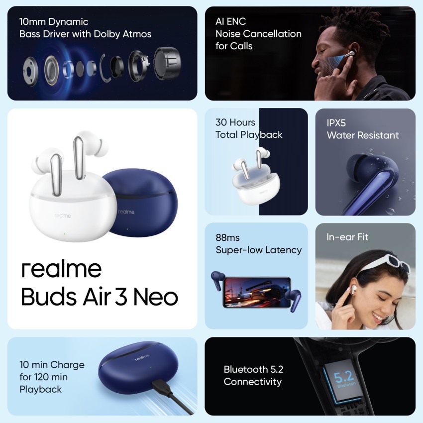 realme Buds Air 3 Neo with IPX5 Water Resistance, Super-Low 88ms