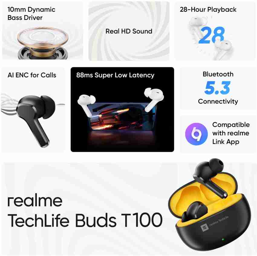 realme TechLife Buds T100 Bluetooth Truly Wireless in Ear Earbuds with mic,  AI ENC for Calls, Google Fast Pair, 28 Hours Total Playback with Fast