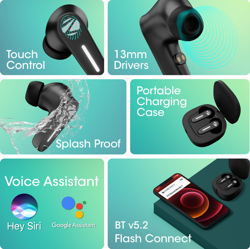 ZEBRONICS Zeb Sound Bomb 7 TWS 60h Backup BT v5.2 ENC Rapid Charge Flash Connect Bluetooth