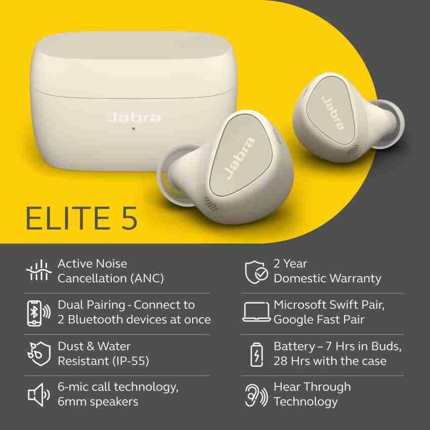 Jabra Elite 5 Bluetooth Headsets with ANC Multipoint 6 mic call