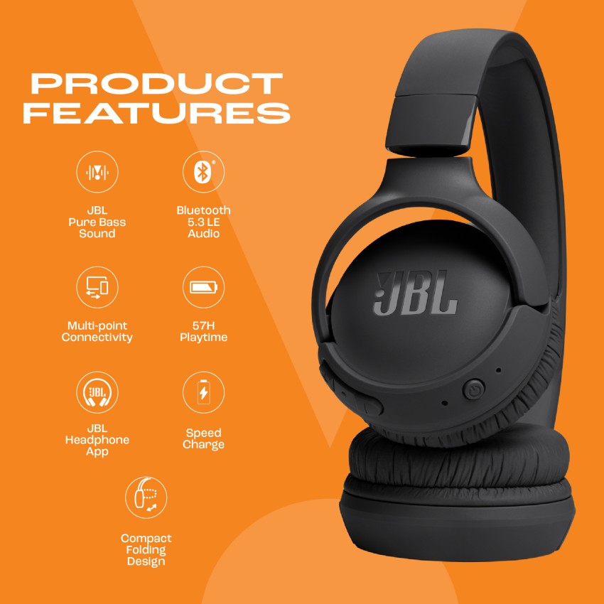JBL Tune 520BT Bluetooth On Ear Headphones With Microphone - Black