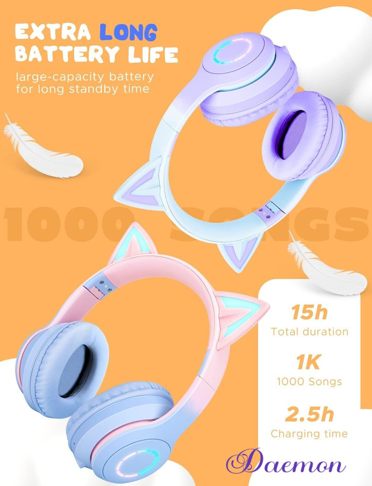 DAEMON Cat Kids Bluetooth Headphones for Girls Foldable Headset