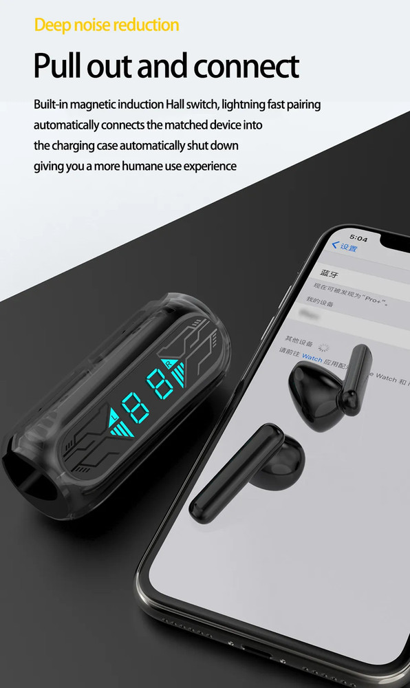 Tunifi M12 MAX Earbuds 13mm HD Dynamic Driver Touch Control Transparent Digital Display Bluetooth Headset