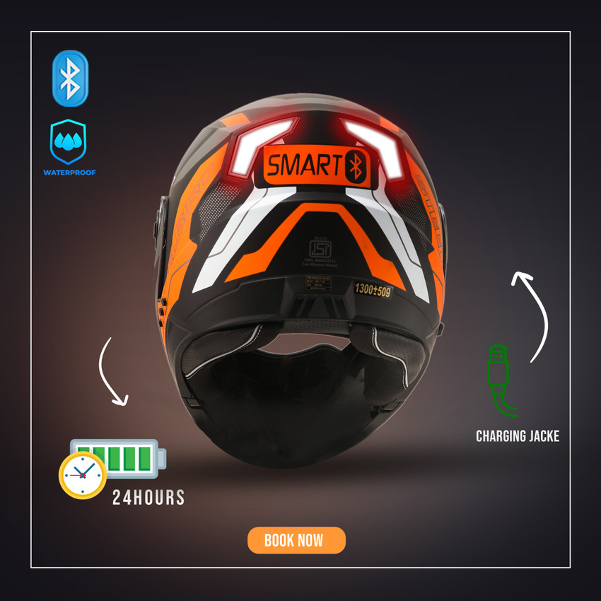 Orange motorcycle helmet with bluetooth top