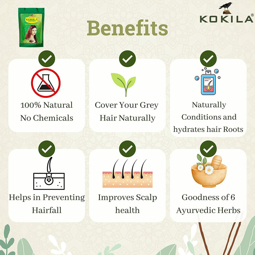 KOKILA 100 Natural Herbal Henna Mehandi Powder for Hair Color Pack of 2 200GM Each Price in India Buy KOKILA 100 Natural Herbal Henna Mehandi Powder for Hair Color Pack of 2 200GM