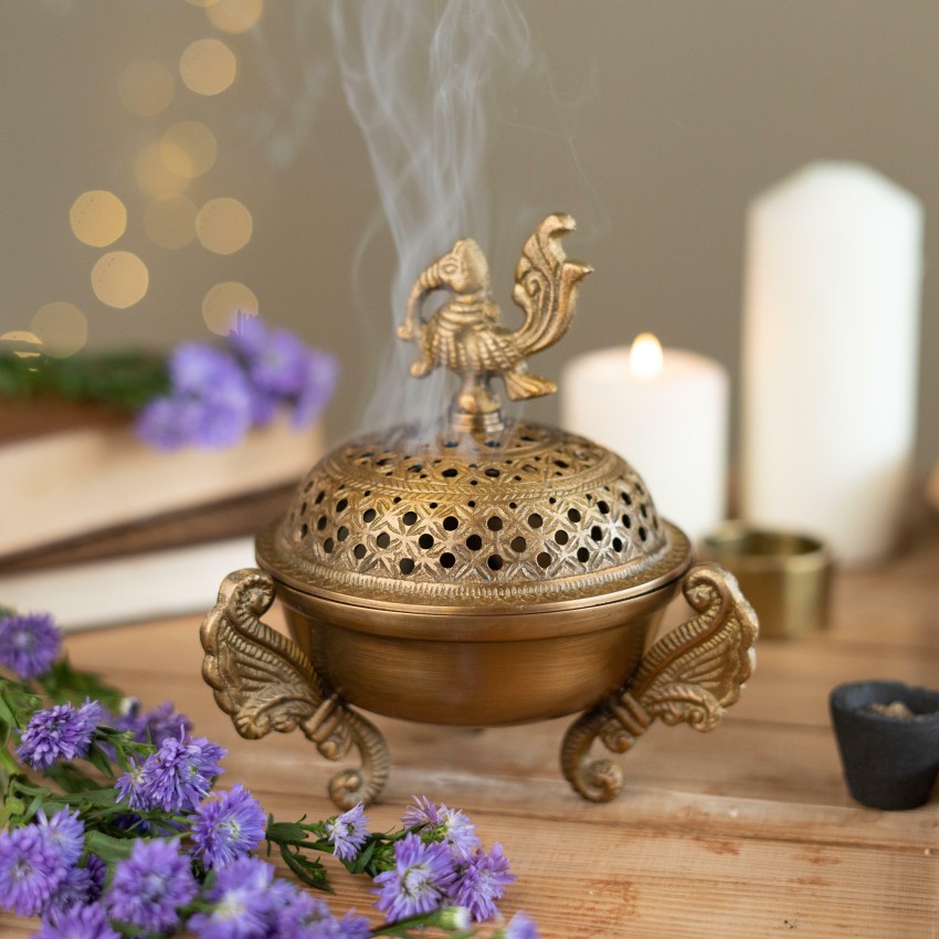 Buy Stylish Flower Pattern Brass Incense Holder Online in India 