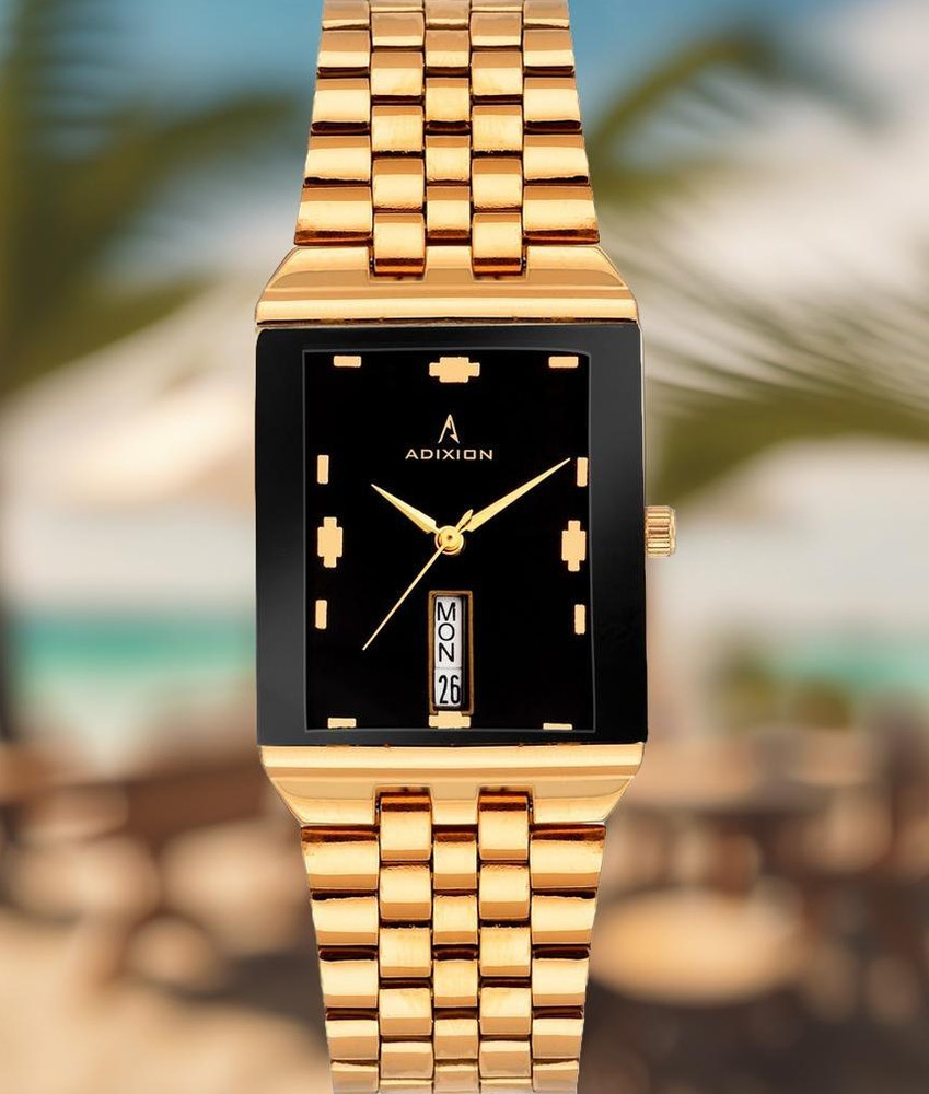 ADIXION New Stainless Steel Day Date rectangle Gold watch