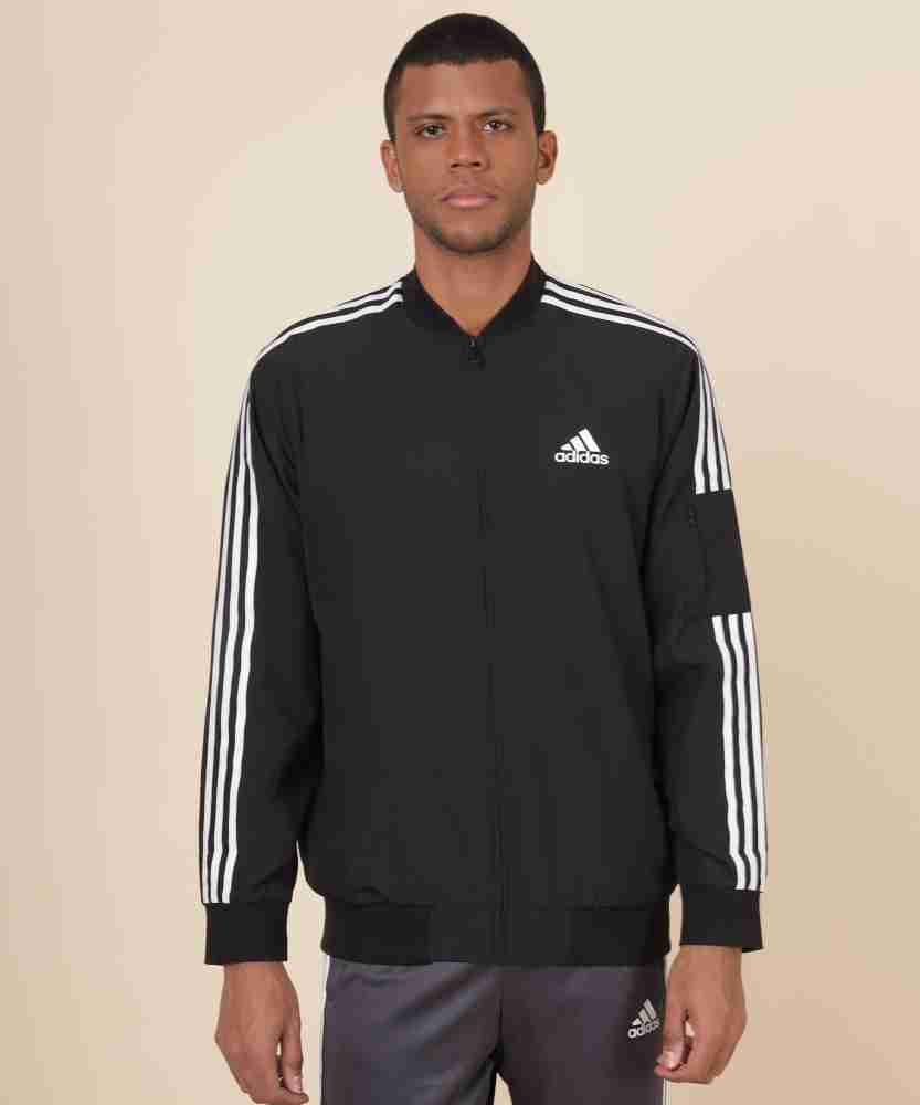 Grey adidas jacket shop with white stripes