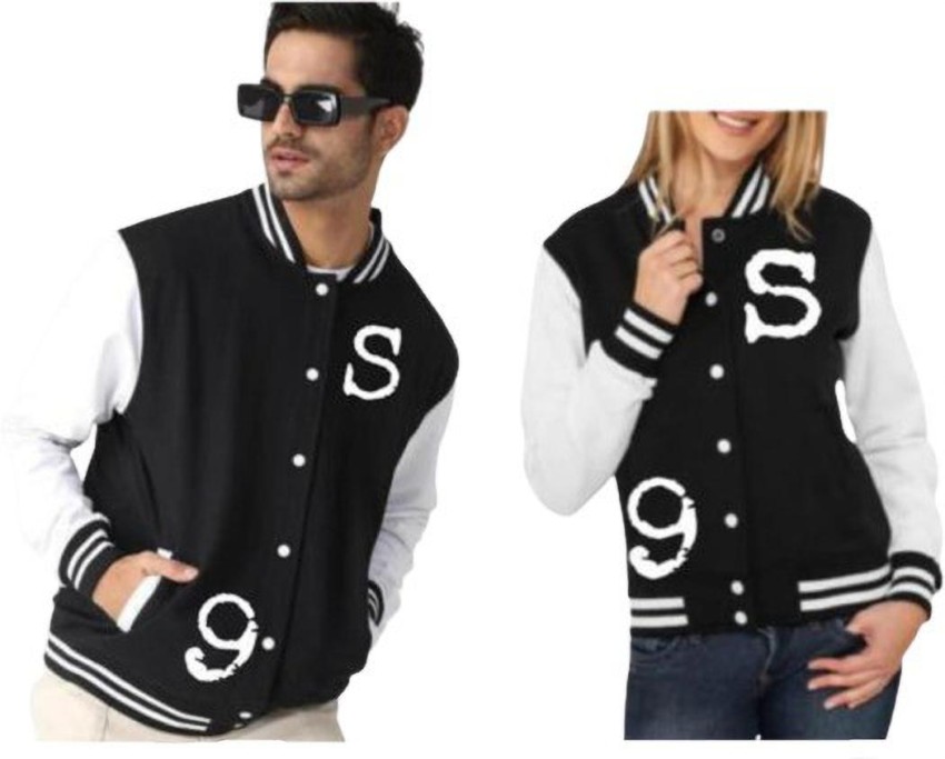 TeesTheDay Unisex Letterman Varsity Jacket For Women Black Varsity Jacket For Women