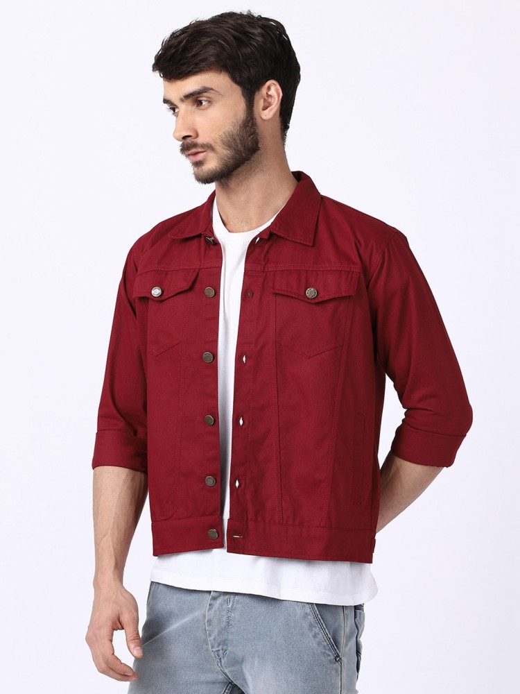 Skenjel Men Red Solid Denim Jacket