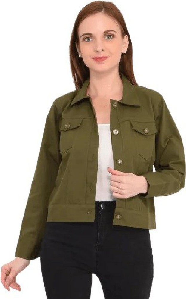 Womens army green denim on sale jacket