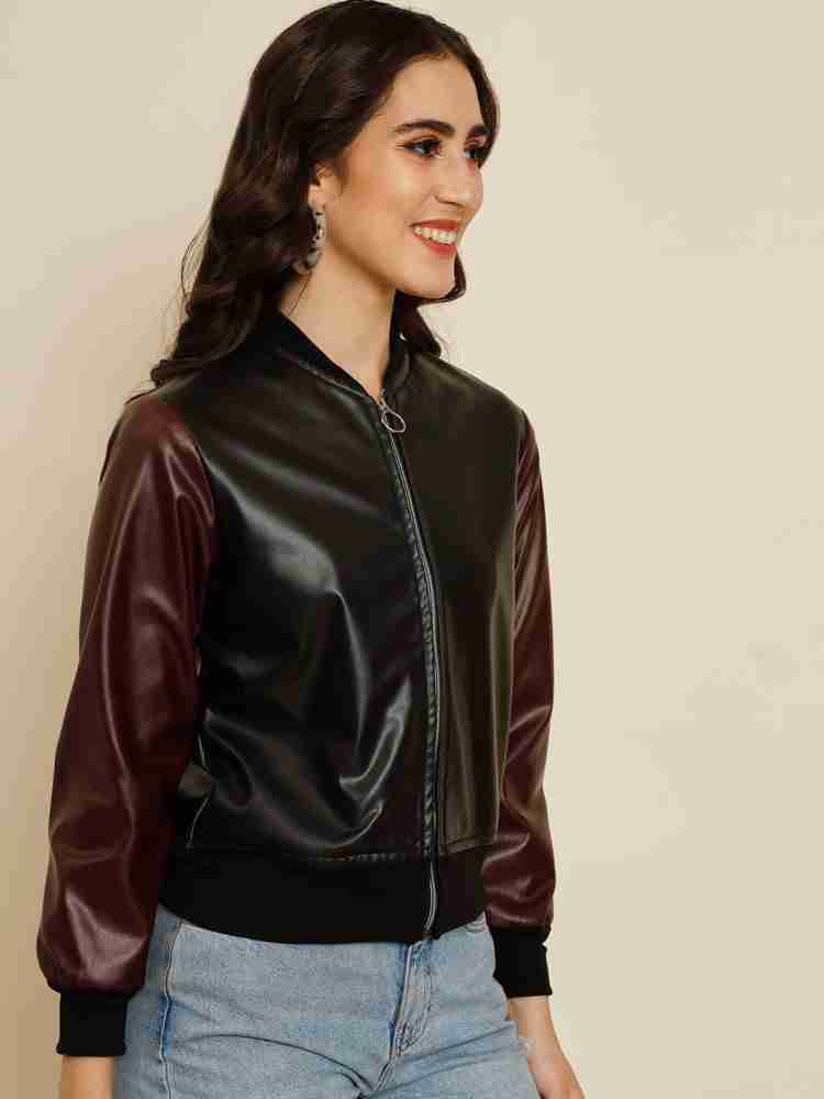 Faux Leather Varsity Bomber Jacket - Brown