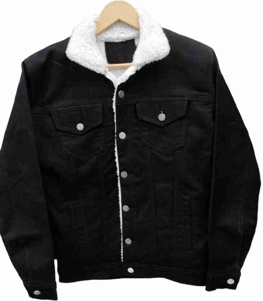 Black jean jacket white fur best sale