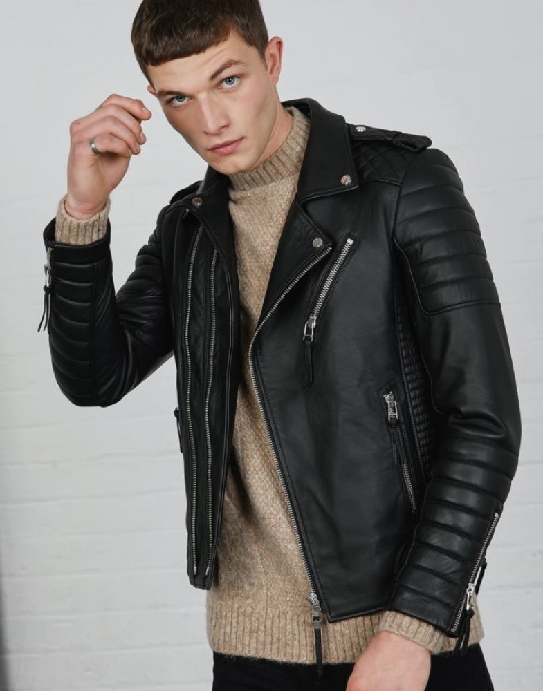 Trendy Leather Black Jacket Double Chain