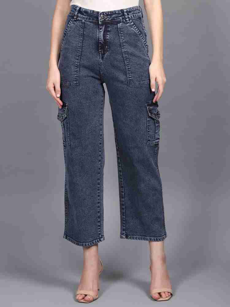 Navy Blue Straight High Rise Boyfriend Cargo Jeans – Glossia Fashion