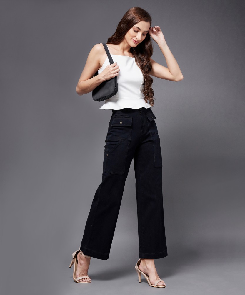 Buy Miss Chase Women's Black Wide leg High rise Clean look Regular  Stretchable Denim Jeans online